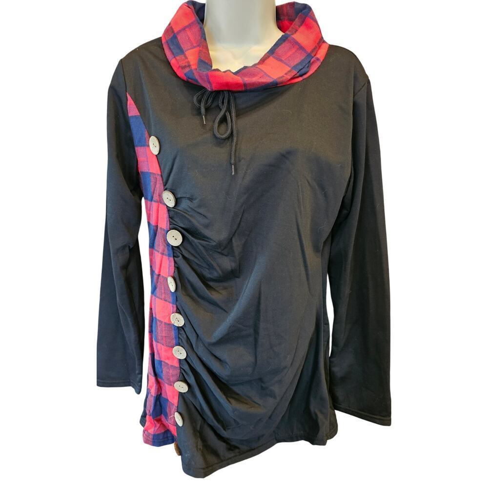 NWOT unbranded M / L (?) Ruched side button detail plaid holiday tunic mock neck